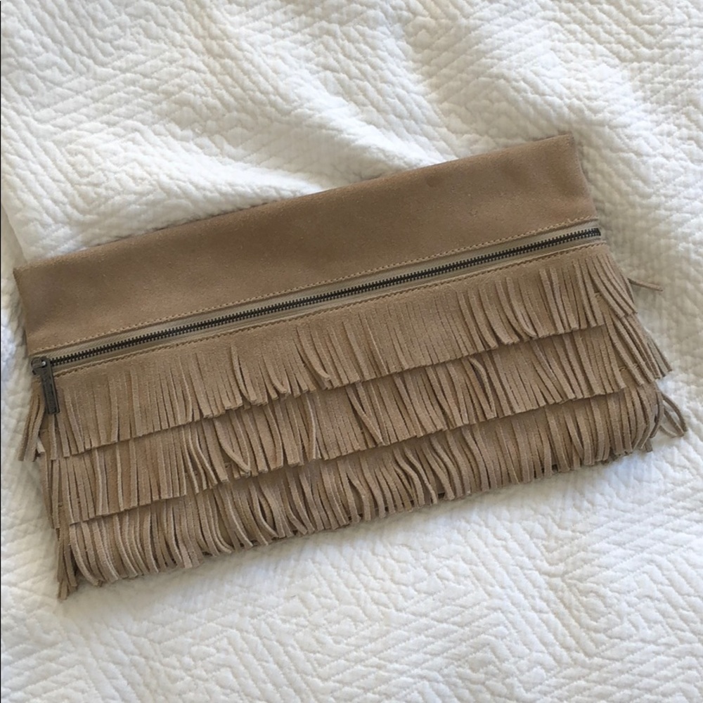 BCBGMAXAZRIA Suede Fringe Clutch